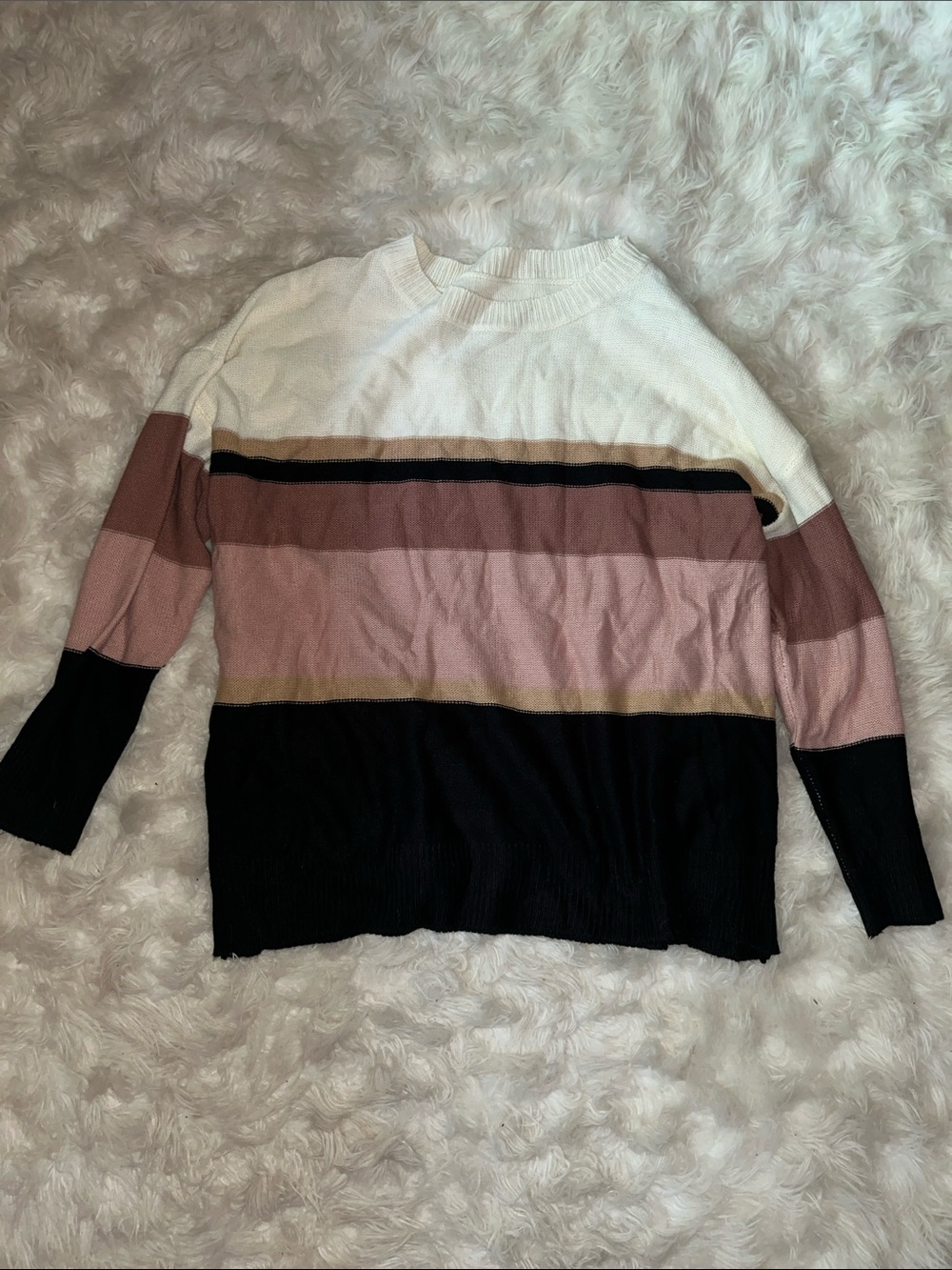 Striped Crewneck Sweater in White, Black & Pink